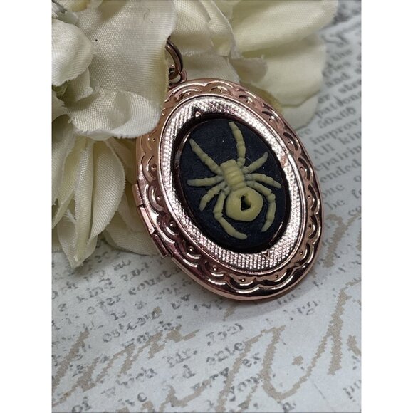 Rose Gold Brass Cameo SPIDER Black Widow Gothic Witch Jewelry Halloween Locket - Picture 1 of 15